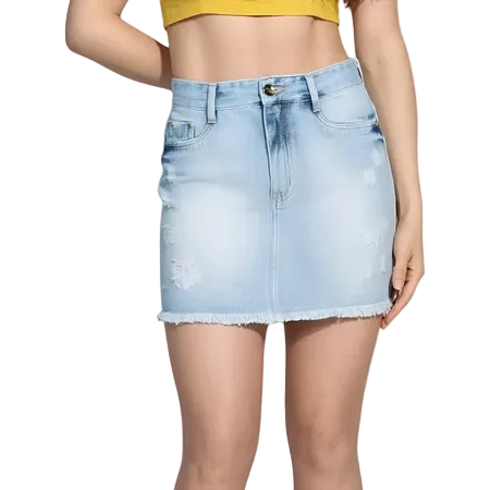 Saia Jeans Mini Feminina Destroyed Cos Alta Osten Jeans