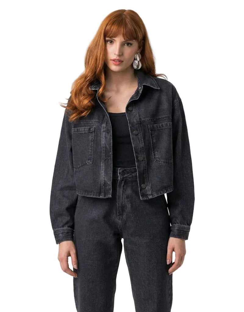 Jaqueta Jeans Oversized Feminina Preta Estonada