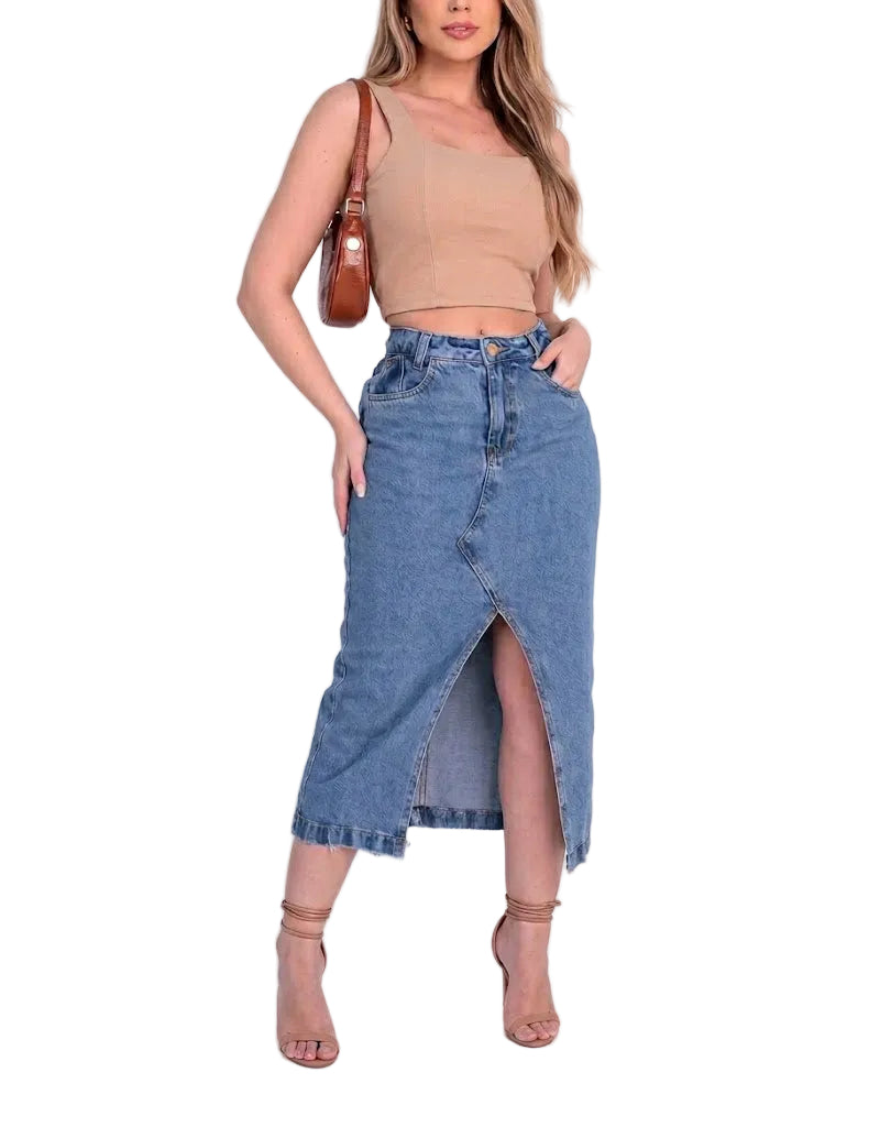 Saia Jeans Feminina Midi Abertura Frontal
