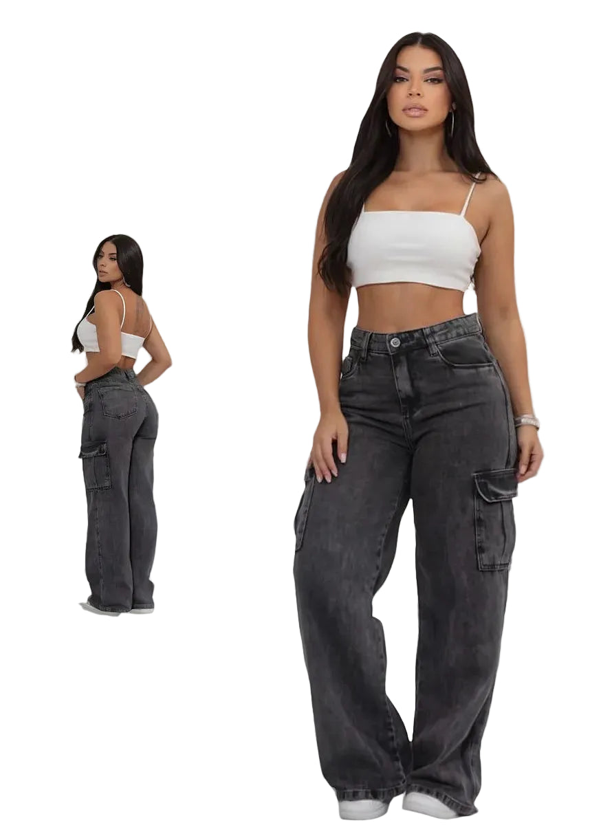 Calça Wide Cargo Jeans Feminina