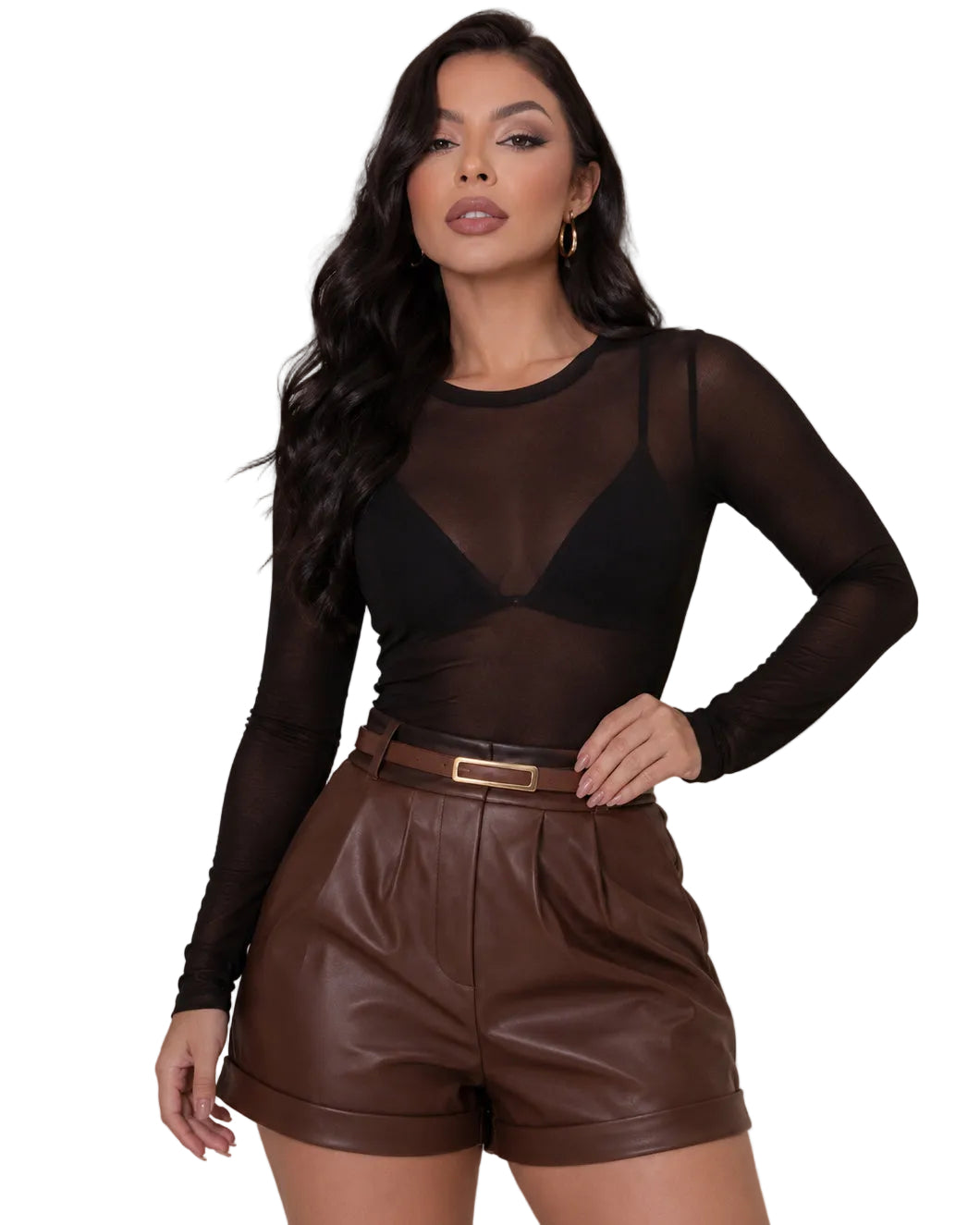 Shorts Feminino Resinado Cintura Alta com Cinto