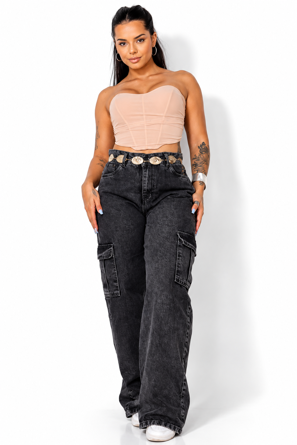 Calça Jeans Wide Leg Cargo  Cintura Alta