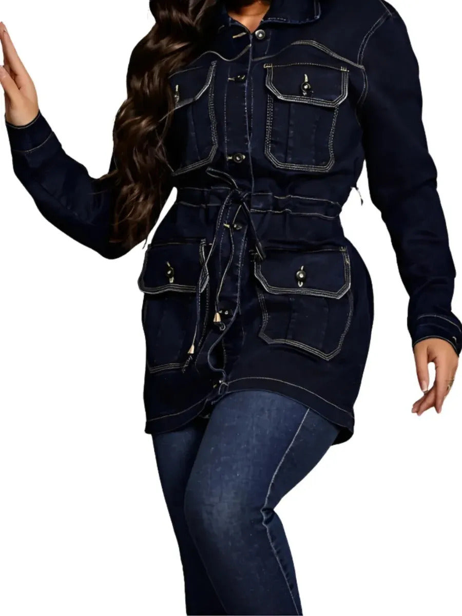 Jaqueta Parka Jeans Feminina Sobretudo Forrado Com Bolsos