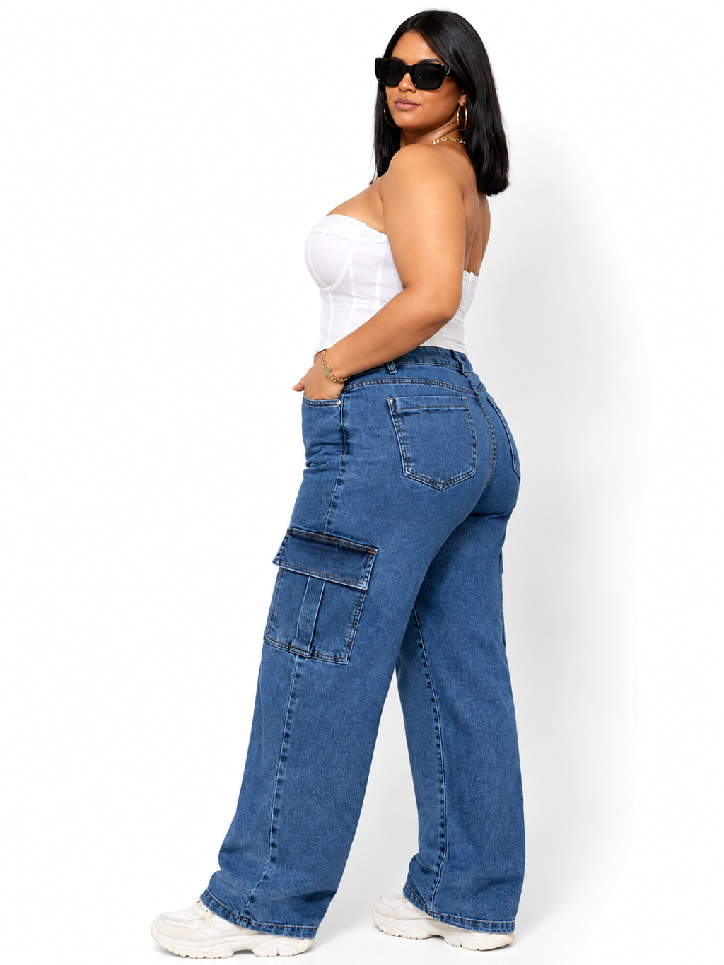 Calça Jeans Wide Cargo Plus Size Empina Bumbum Moda Blogueira