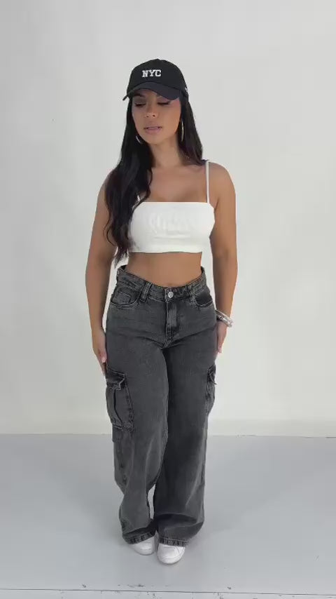 Calça Wide Cargo Jeans Feminina