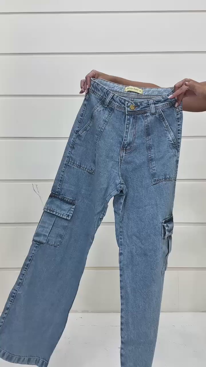 Calça Jeans Wide Leg Feminina Cargo Levanta Bumbum Cintura Alta 100 % Algodão