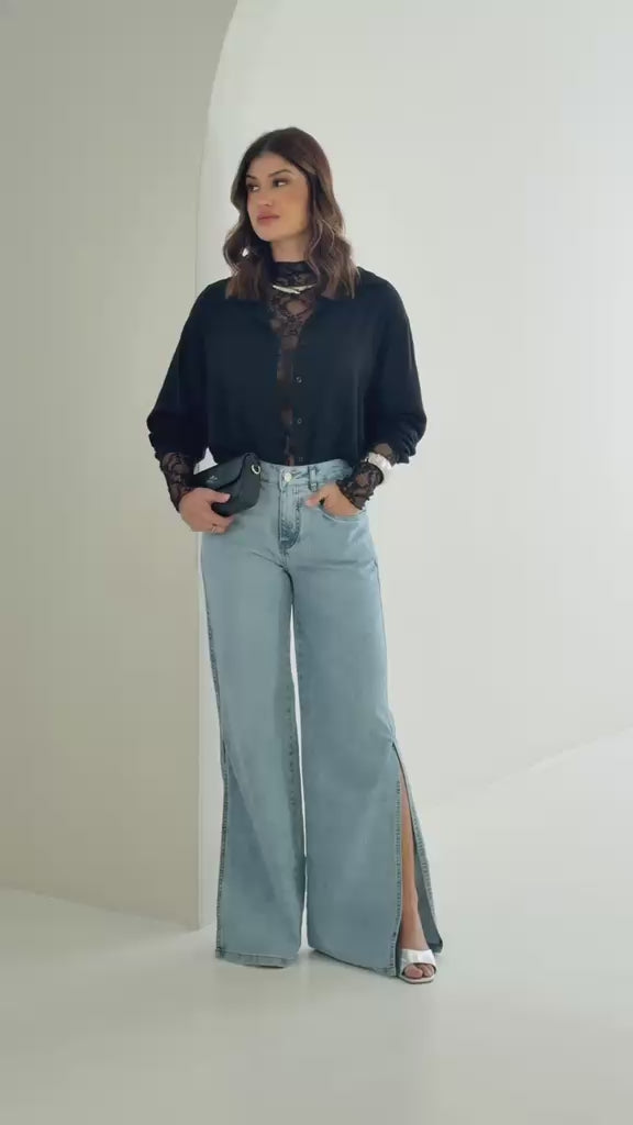 Calça Jeans Feminina Wide Leg Jeans Médio Cintura Alta Pantalona Clara